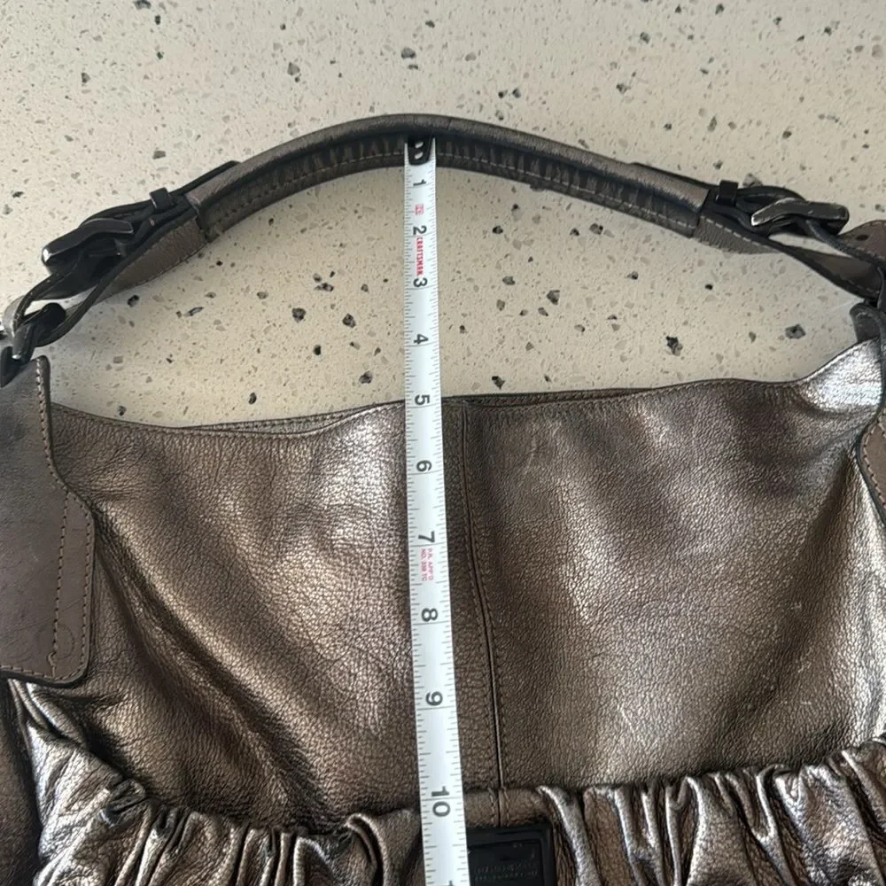Burberry Warrior Metallic Pewter Leather Satchel Shoulder Handbag Hobo Ruched